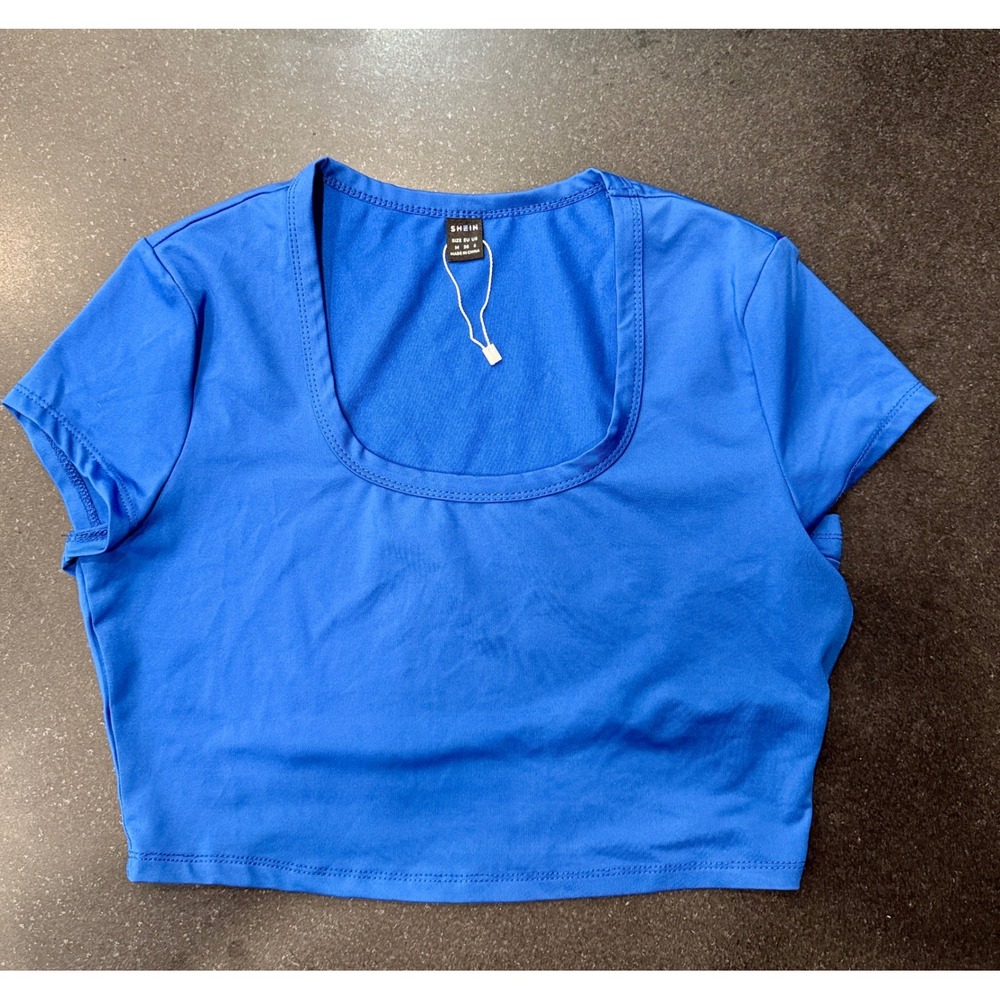 Crop Top Size M Blue Like New Scoop Neck SHEIN Short Sleeve Basic Tee Stretchy